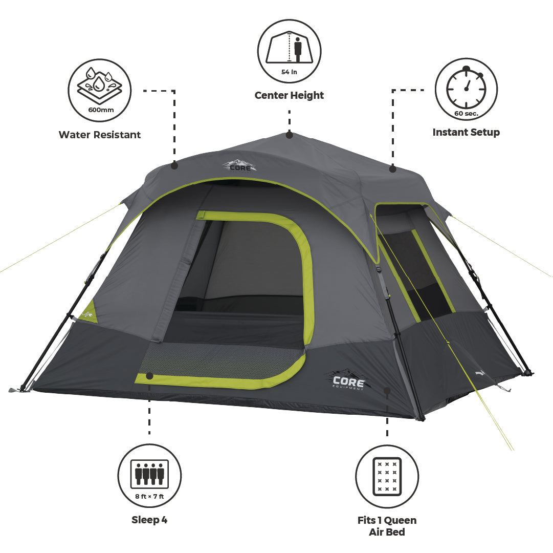 Diagram of a gray CORE camping tent with labeled features: water-resistant (600mm), center height (54 in), instant setup (60 sec), sleeps 4, measures 8 ft x 7 ft, and fits 1 queen air bed.