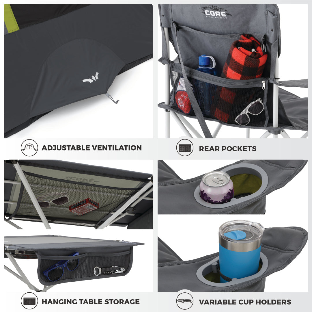 A collage of four images showcasing features of a CORE 4 Person Instant Cabin combo set. Top left: adjustable ventilation. Top right: rear pockets with a water bottle, blanket, and item. Bottom left: hanging table storage with glasses and other items. Bottom right: variable cup holders—perfect for your outdoor adventures!