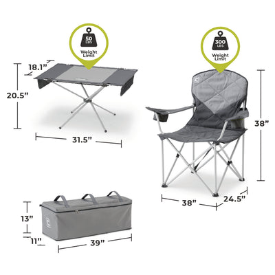 A gray folding outdoor table and chair set by CORE, featuring a collapsible chair with armrests measuring 38" H x 24.5" W x 38" D, a table measuring 20.5" H x 31.5" W x 18.1" D, and a carrying bag measuring 31" L x 11" W x 13" H.
