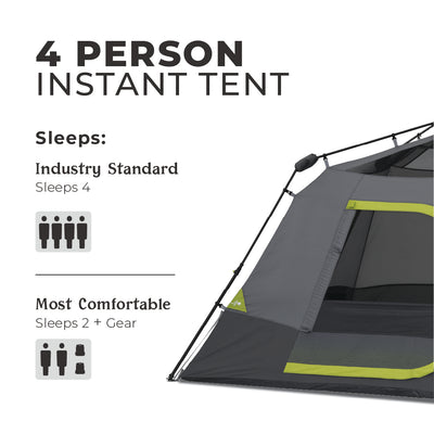 Image of a CORE instant tent CORE 4 Person Instant Tent. It describes the tent as suitable for four people by industry standards but most comfortable for two people plus gear, making it ideal for outdoor camping adventures. The image shows a portion of the tent with a mesh door and metal frame.
