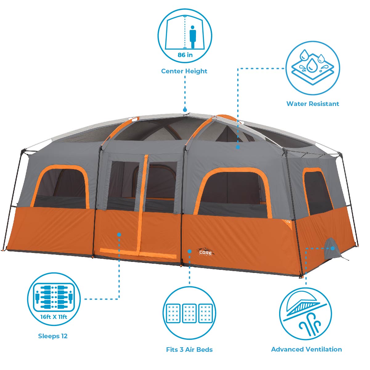 CORE 4 Person Straight Wall Cabin/Camp Tent with Carry Bag for Outdoor,  Portable, Included Tent Gear Loft Organizer for Car Camping Accessories :  : Sports & Outdoors