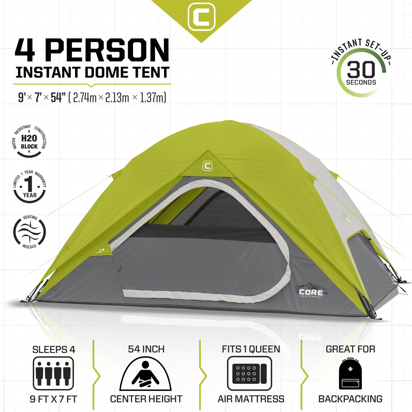 Tijdig volgens Ecologie 4 Person Instant Dome Tent – Core Equipment