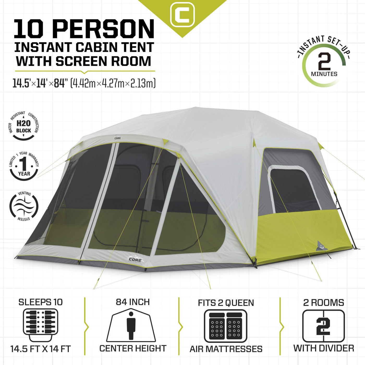 10 Person Instant Cabin Tent with Screen Room Rainfly – Core Equipment