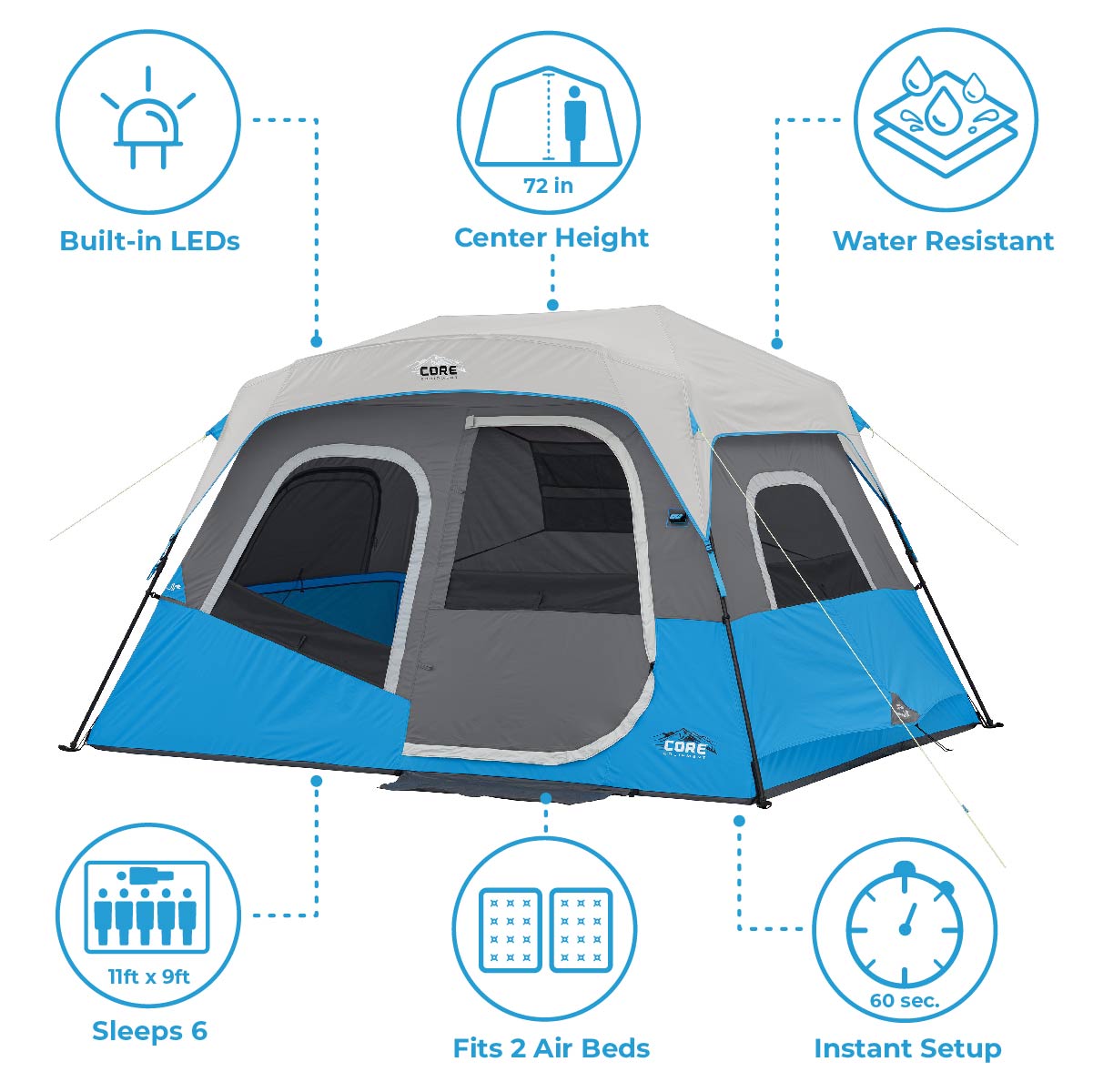 6-Person Instant Cabin Tent w/ LED Lighted Hub + Carry Bag| New Opened Box
