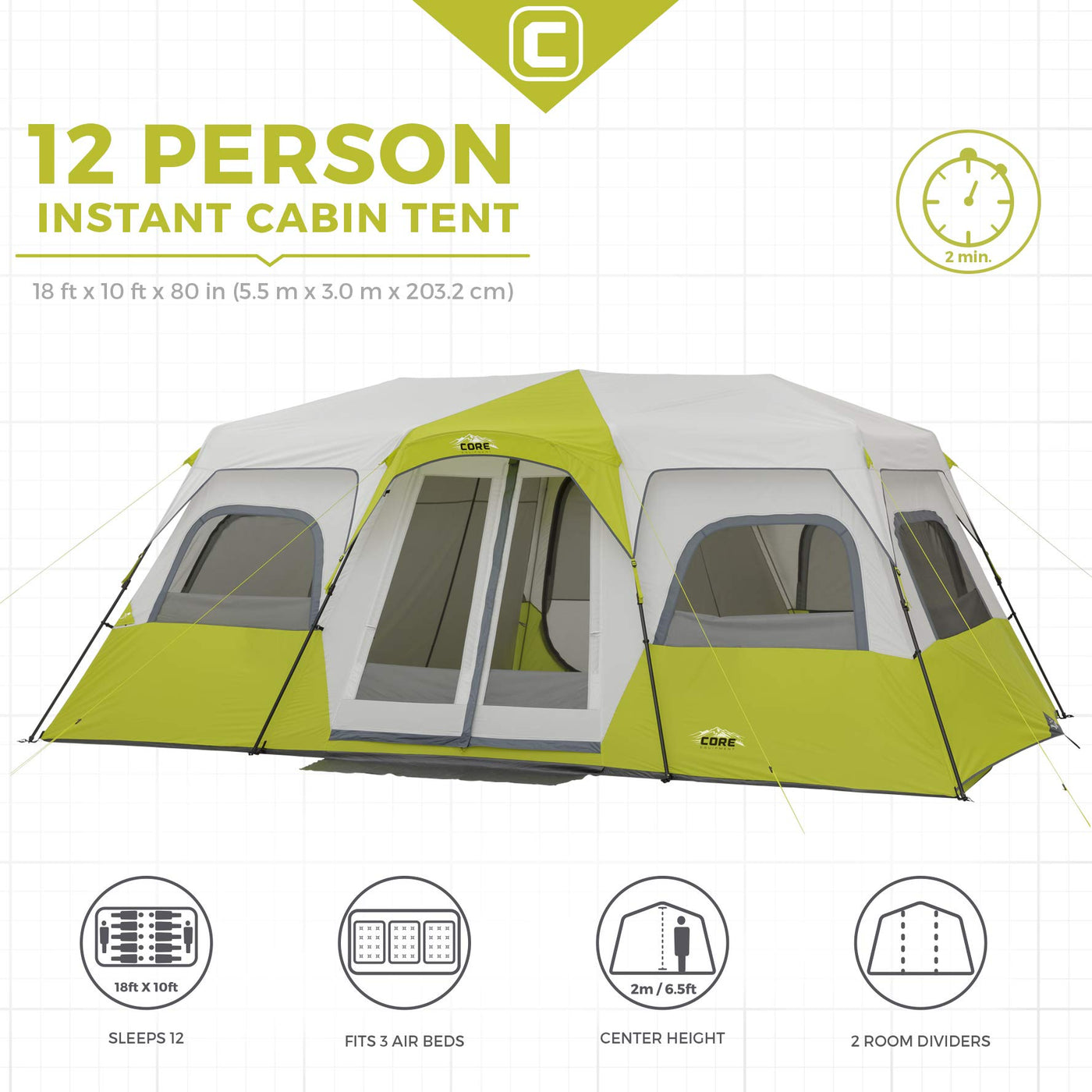 Core Equipment 12-Person 3-Room Lighted Instant Cabin Tent