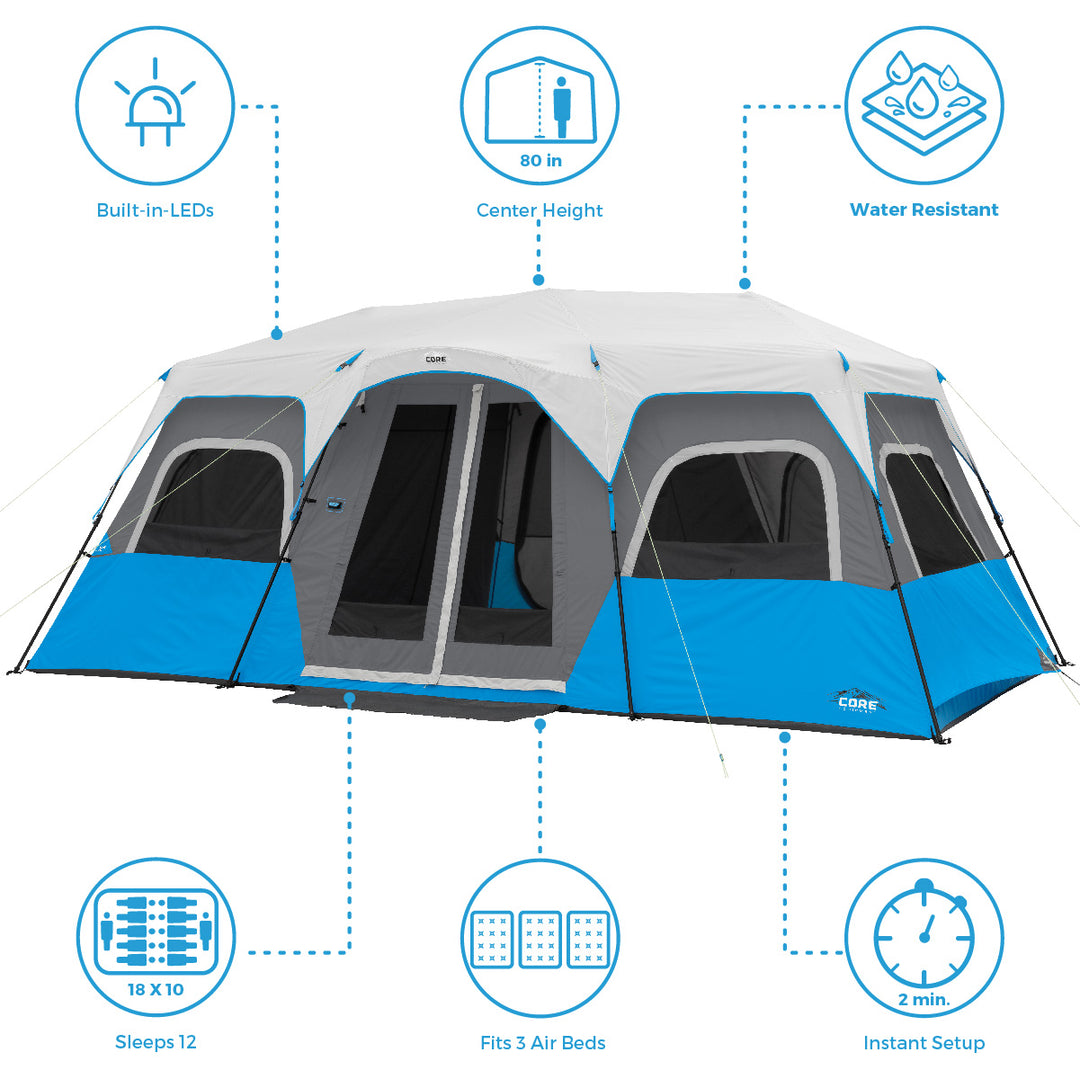 12 Person Lighted Instant Cabin Tent 18 x 10 Core Equipment