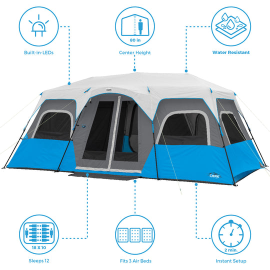 12 Person Lighted Instant Cabin Tent 18 x 10 Core Equipment